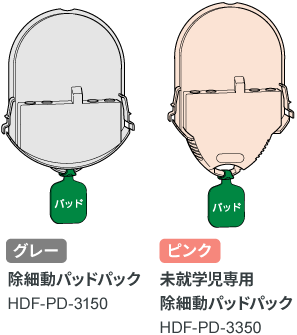 グレー：除細動パッドパック　HDF-PD-3150、ピンク：未就学児専用　除細動パッドパック　HDF-PD-3350