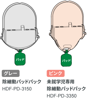グレー:除細動パッドパック HDF-PD-3150、ピンク:未就学児専用 除細動パッドパック HDF-PD-3350